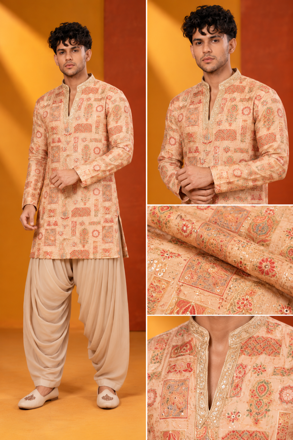 Peach Embroidered Indo-Western Kurta Set