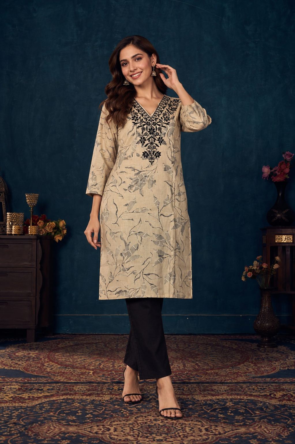 Women's Beige Leaf Printed Straight Kurti with Black Embroidered Yoke