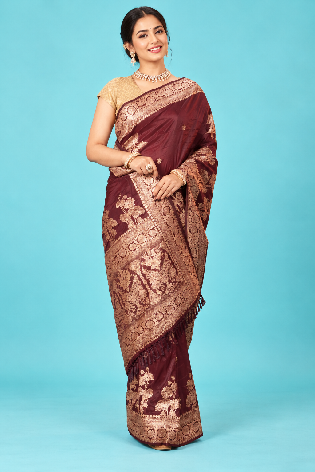 Royal Wine Maroon Designer Saree with Golden Floral Zari Work & Rich Traditional Pallu