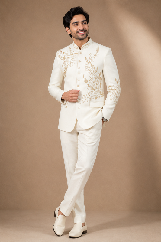 Ivory Gold Embroidered Jodhpuri Suit for Men