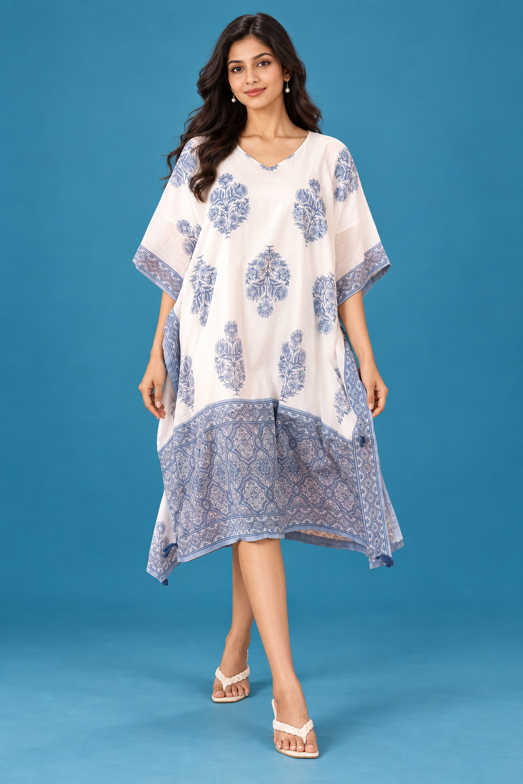 Elegant Ivory & Blue Floral Kaftan Dress