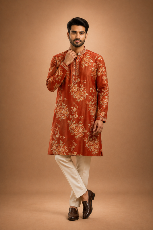 Rust Orange Floral Printed Kurta