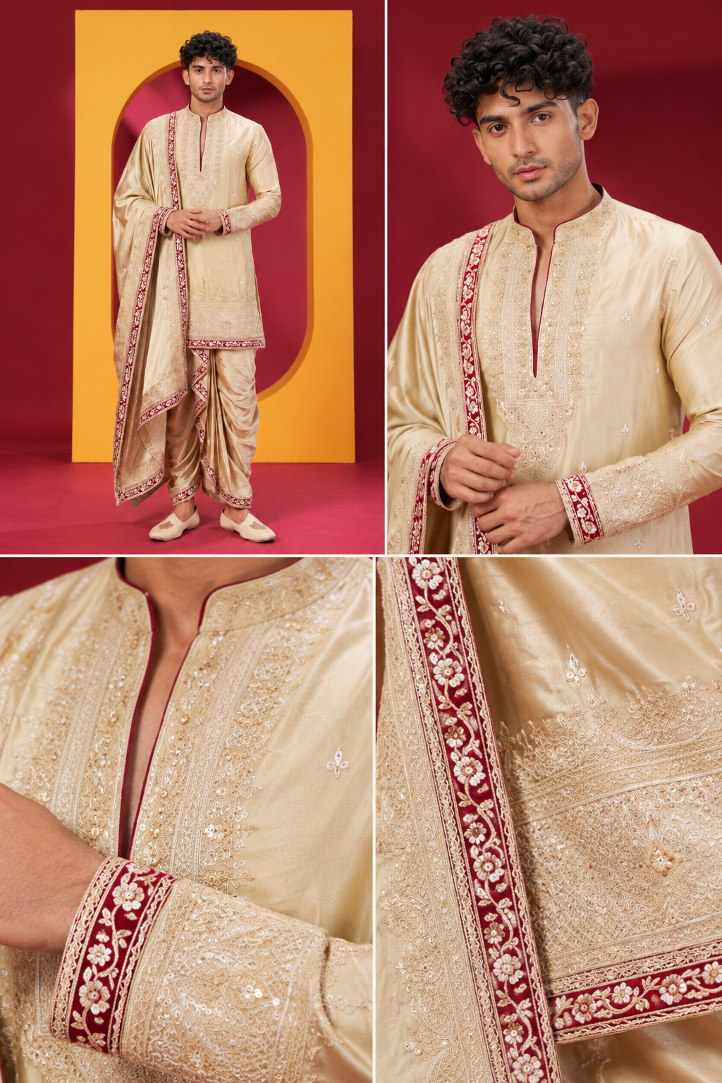 Men's Premium Champagne Gold Embroidered Kurta Dhoti Set with Matching Dupatta