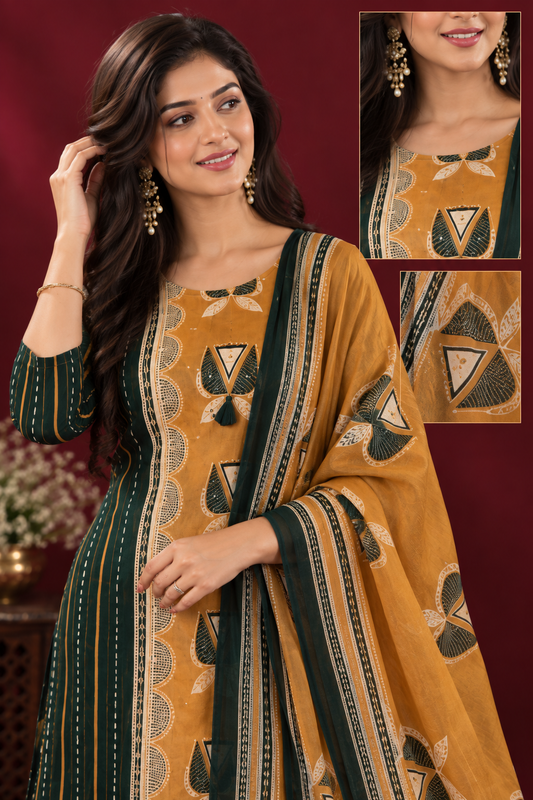 Mustard & Bottle Green Printed Kurta Set with Dupatta