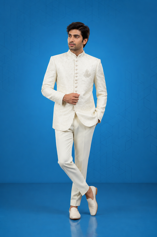 Ivory Jacquard Jodhpuri Bandhgala Suit