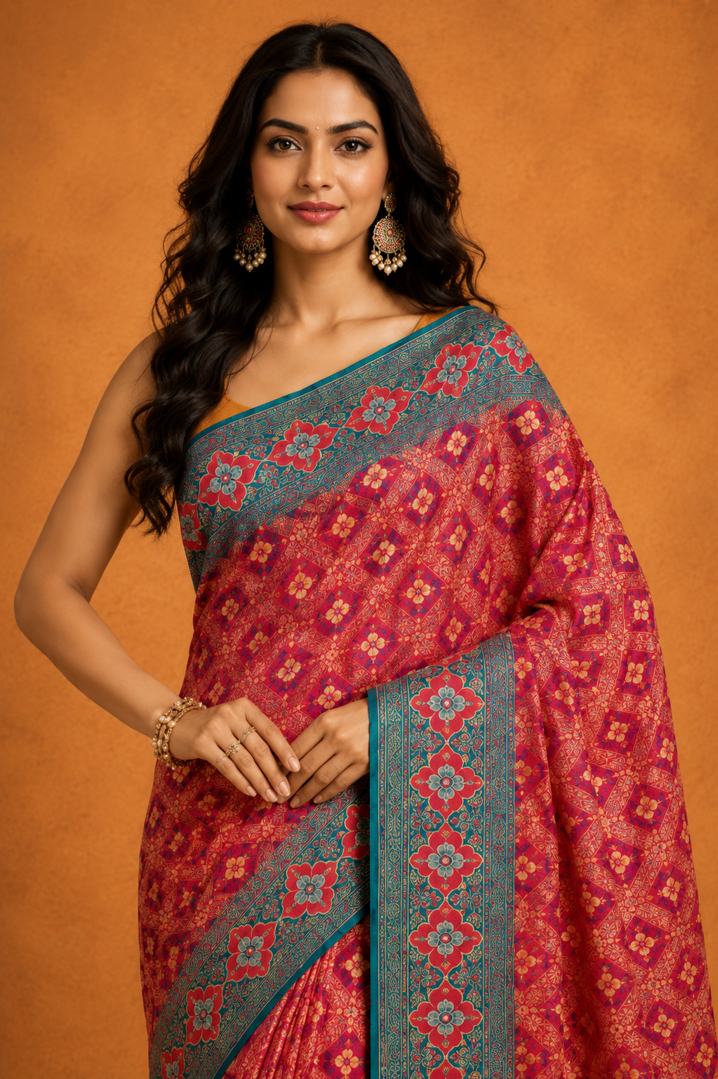 Radiant Pink Saree with Teal Floral  Border