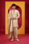 Men's Premium Champagne Gold Embroidered Kurta Dhoti Set with Matching Dupatta