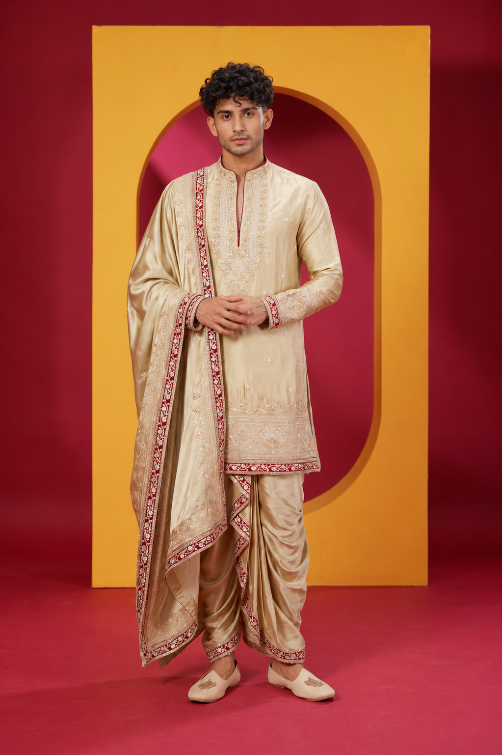 Men's Premium Champagne Gold Embroidered Kurta Dhoti Set with Matching Dupatta