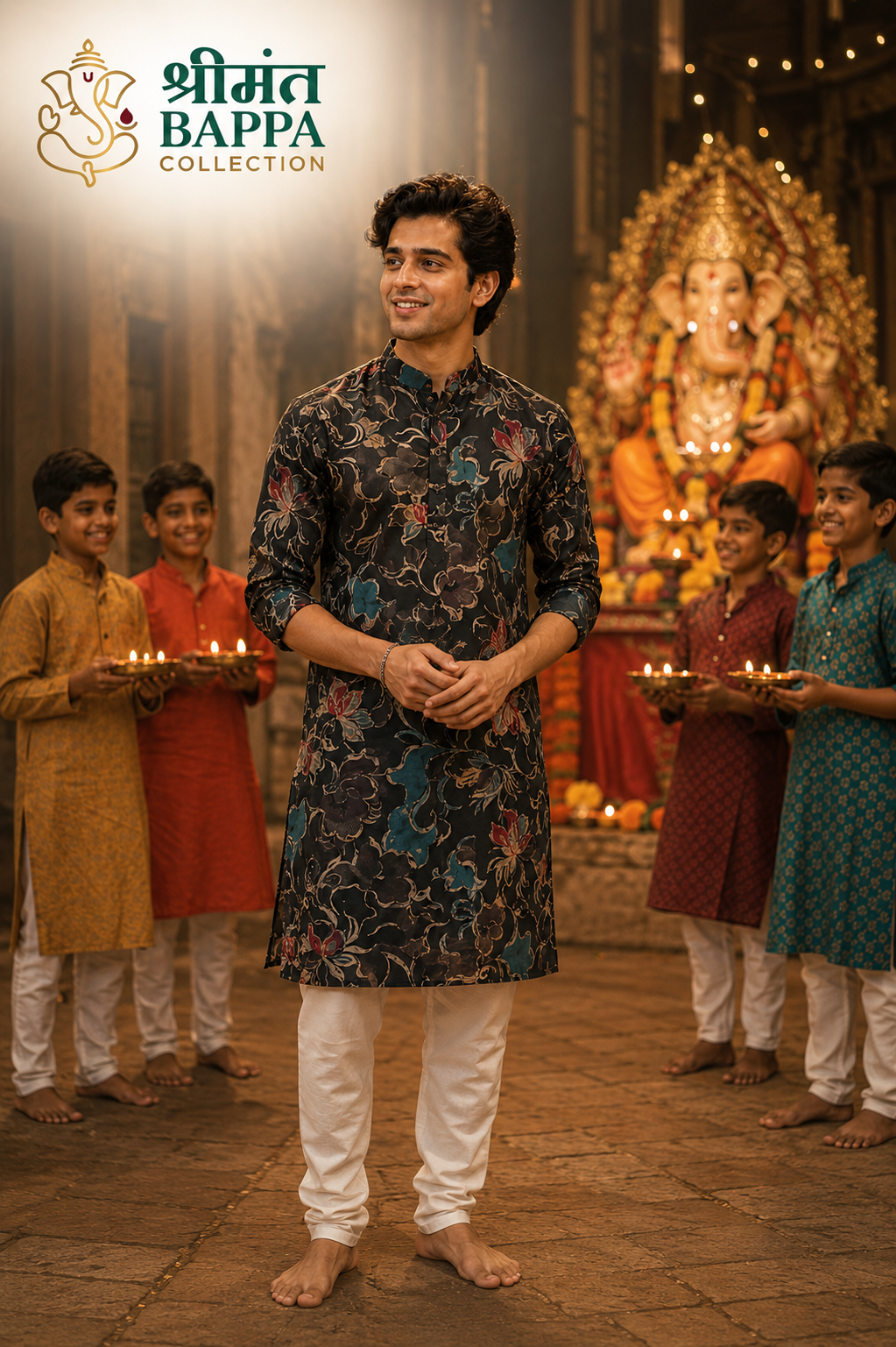 Bappa Black Floral Printed Festive Kurta
