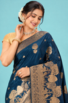 Royal Navy Blue Designer Saree with Golden Floral Zari Work & Rich Traditional Pallu
