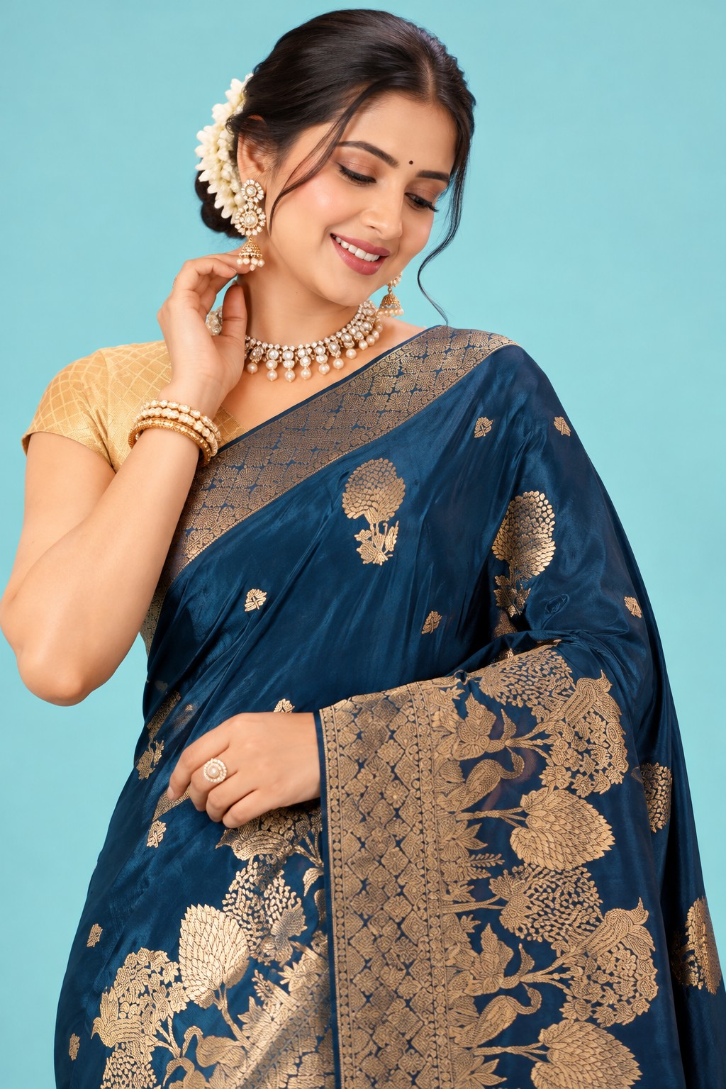 Royal Navy Blue Designer Saree with Golden Floral Zari Work & Rich Traditional Pallu