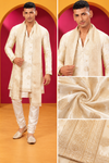 Men's Premium Ivory Cream & Gold Embroidered Kurta Churidar Set with Matching Stole