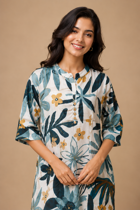 Teal Bloom Printed Long Kurti