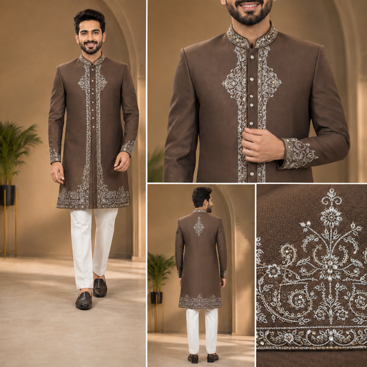 Brown Embroidered Indo-Western Sherwani Set for Men