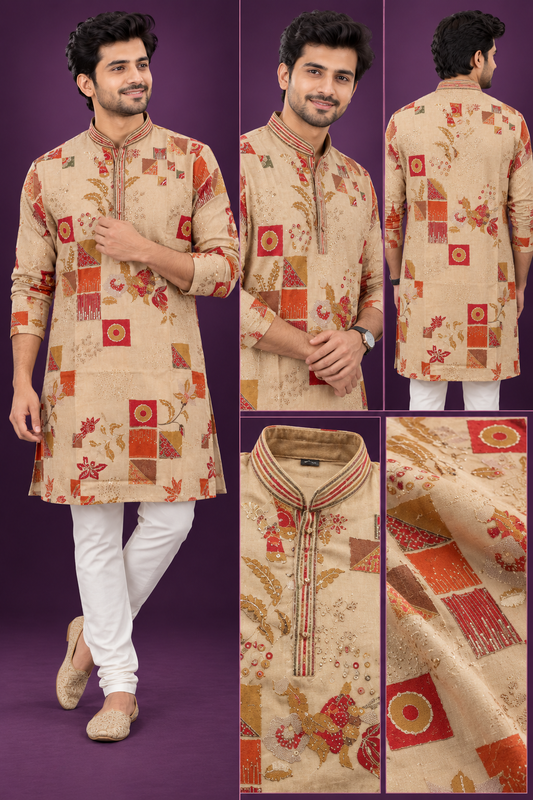Beige Abstract Printed Festive Kurta