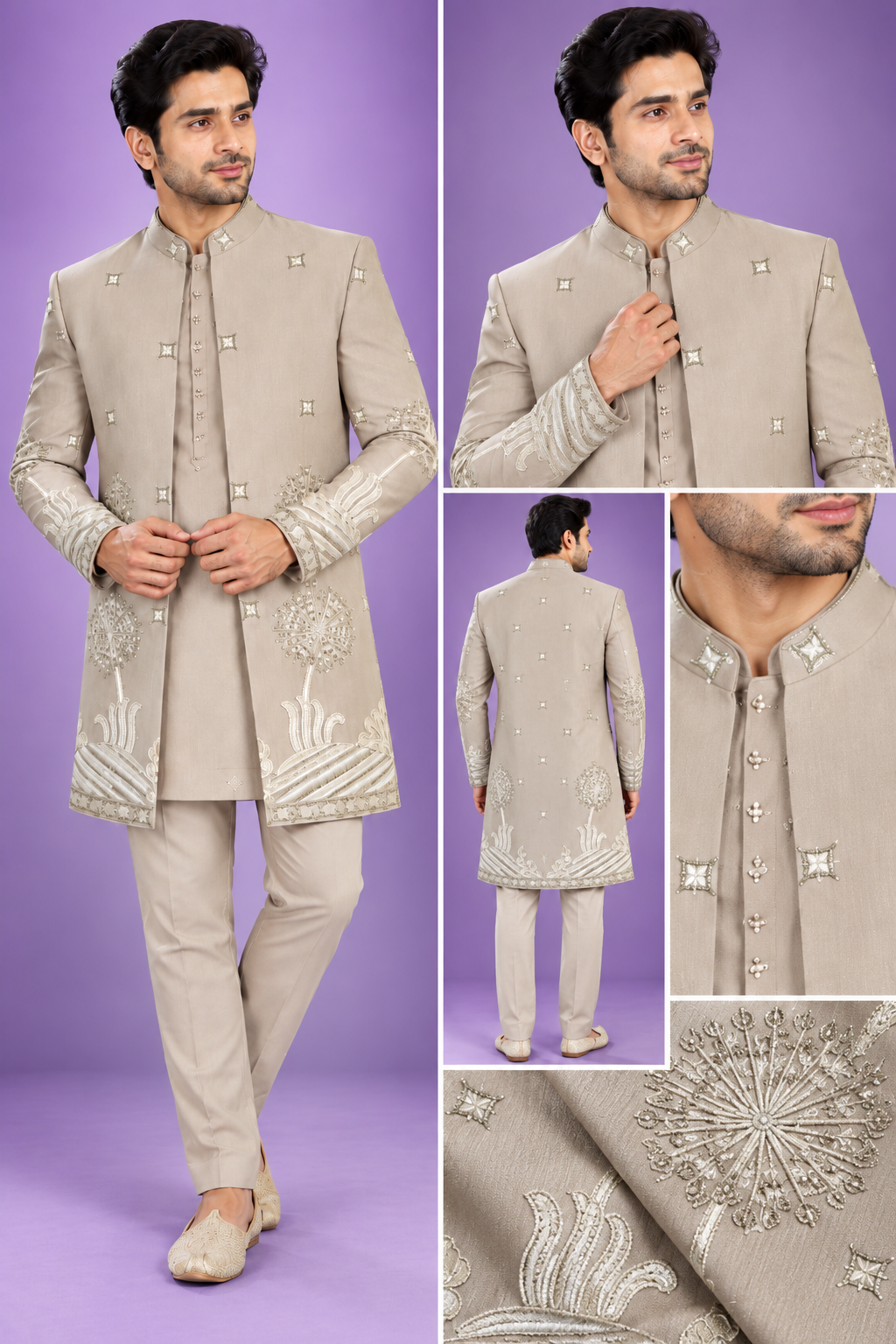 Beige Embroidered Indo-Western Sherwani Set