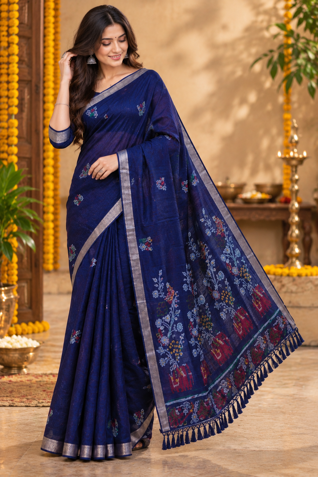 Midnight Blue Floral Weave Saree