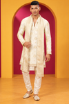 Men's Premium Ivory Cream & Gold Embroidered Kurta Churidar Set with Matching Stole