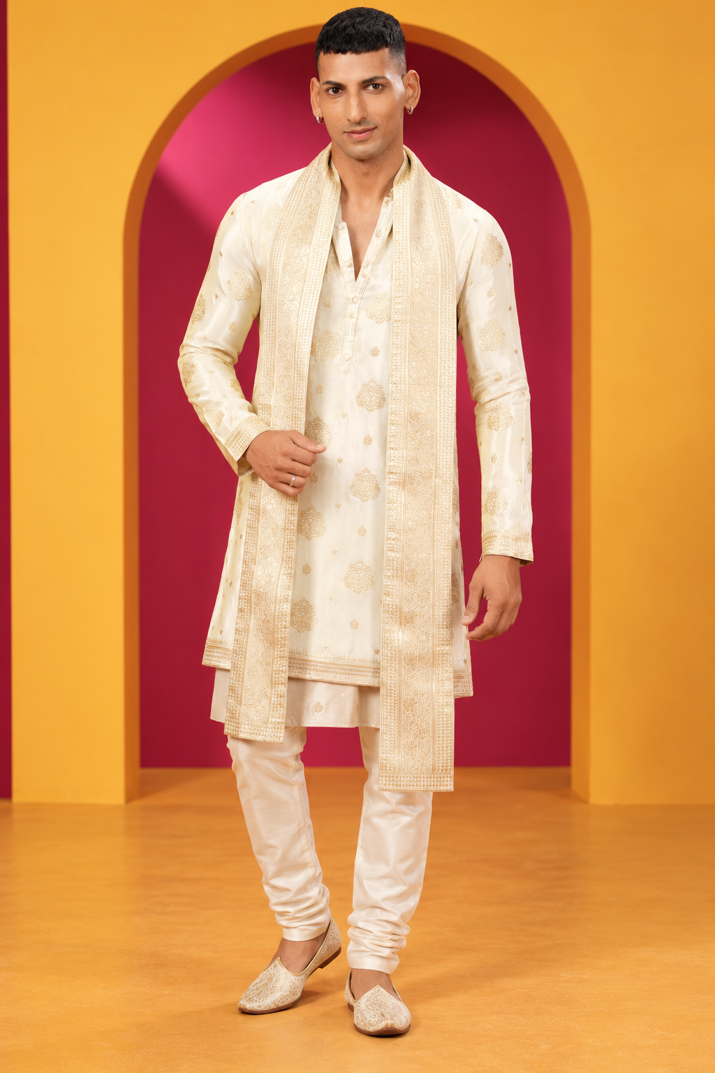 Men's Premium Ivory Cream & Gold Embroidered Kurta Churidar Set with Matching Stole