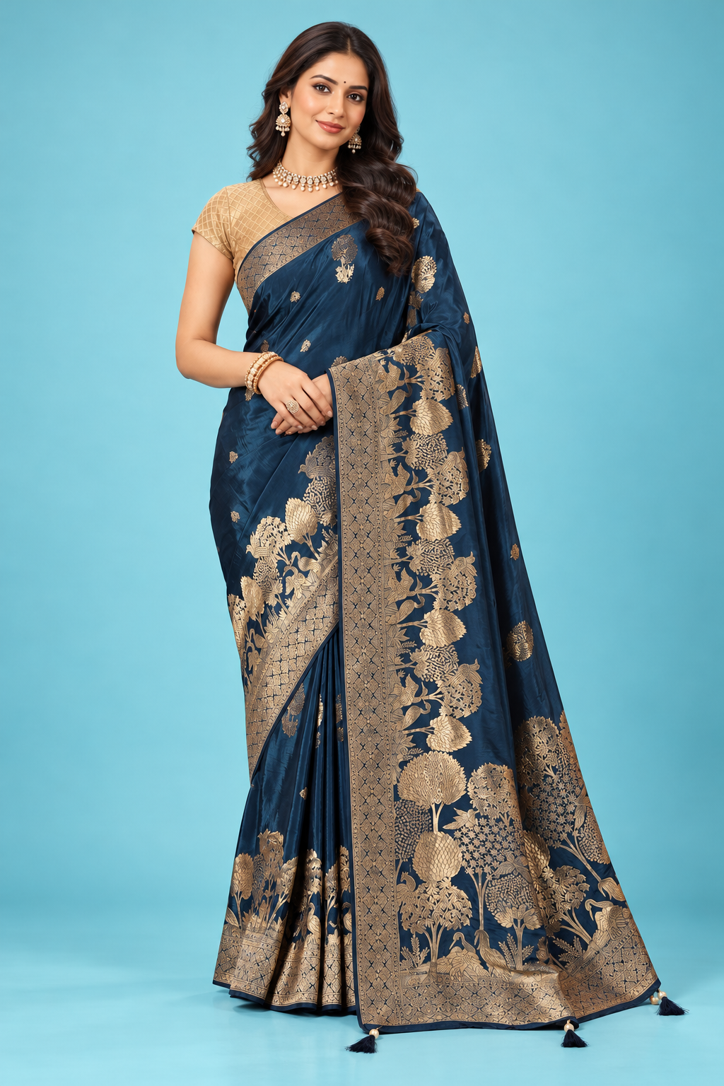 Royal Navy Blue Designer Saree with Golden Floral Zari Work & Rich Traditional Pallu