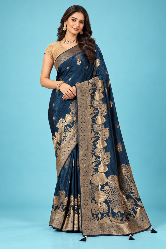 Royal Navy Blue Designer Saree with Golden Floral Zari Work & Rich Traditional Pallu