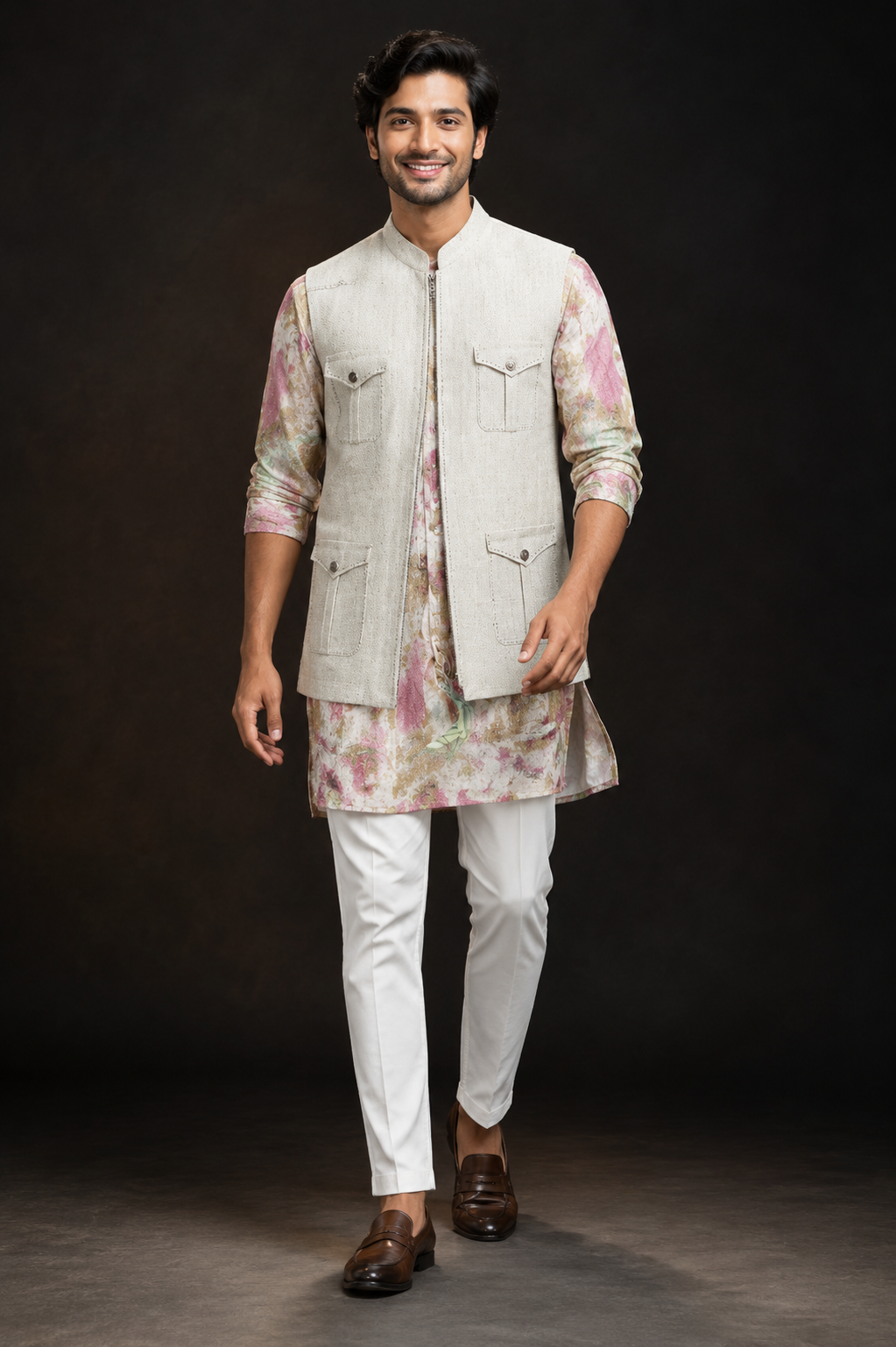 Ivory Utility Nehru Jacket with Floral Kurta Set