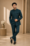 Men’s Teal Blue Jacquard Jodhpuri Suit