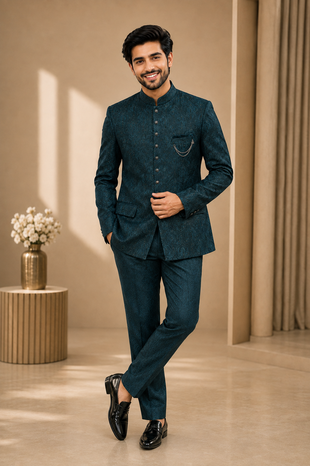 Men’s Teal Blue Jacquard Jodhpuri Suit