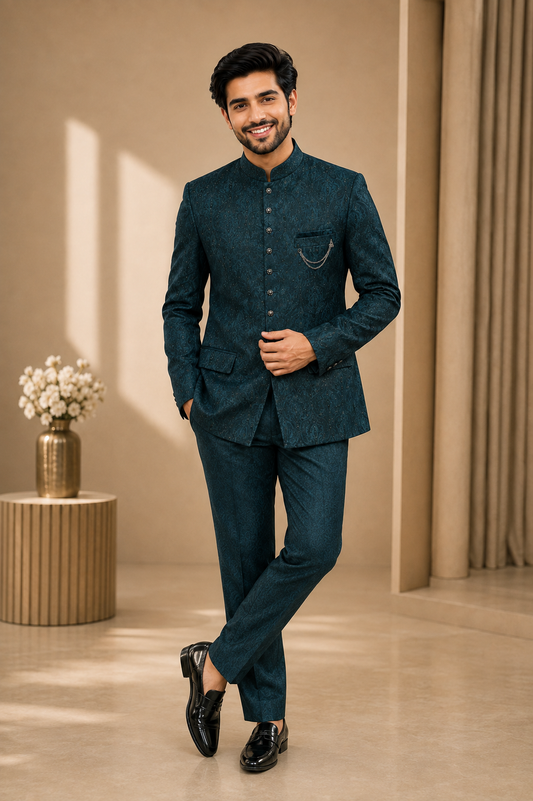 Men’s Teal Blue Jacquard Jodhpuri Suit