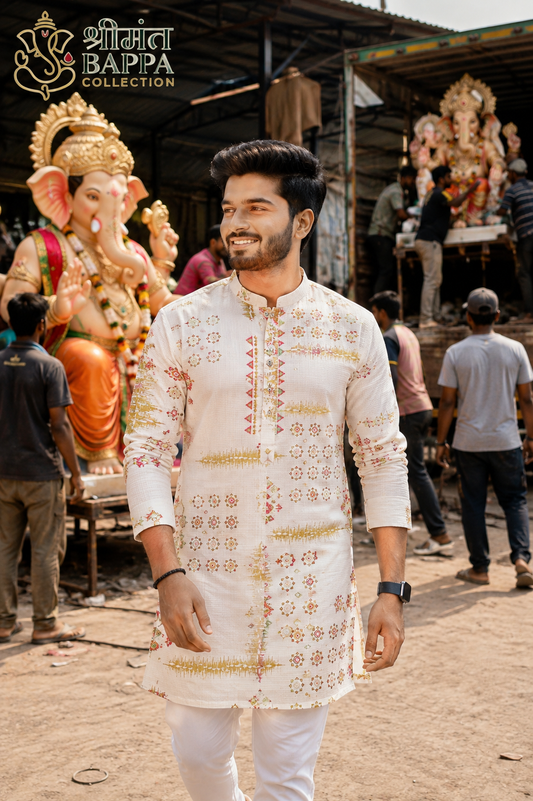 Ivory Geometric Print Festive Kurta Set