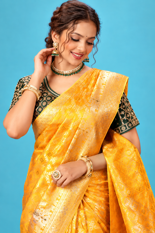 Royal Golden Yellow Designer Saree with Intricate Zari Woven Motifs & Rich Traditional Pallu