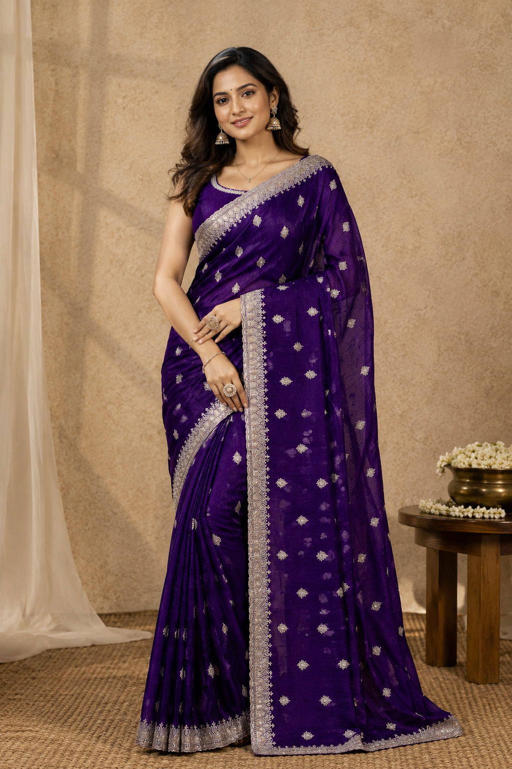 Royal Purple Organza Saree with Silver Zari Border | Elegant Party Wear Saree for Women