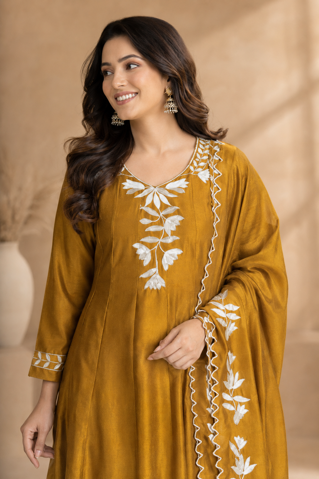 Women’s Mustard Embroidered Anarkali Kurta Set with Dupatta