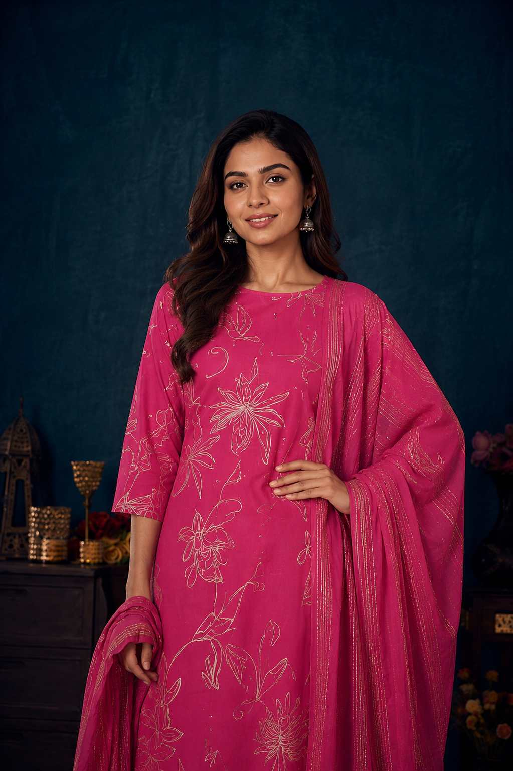 Magenta Floral Print Kurta Pant & Dupatta Set