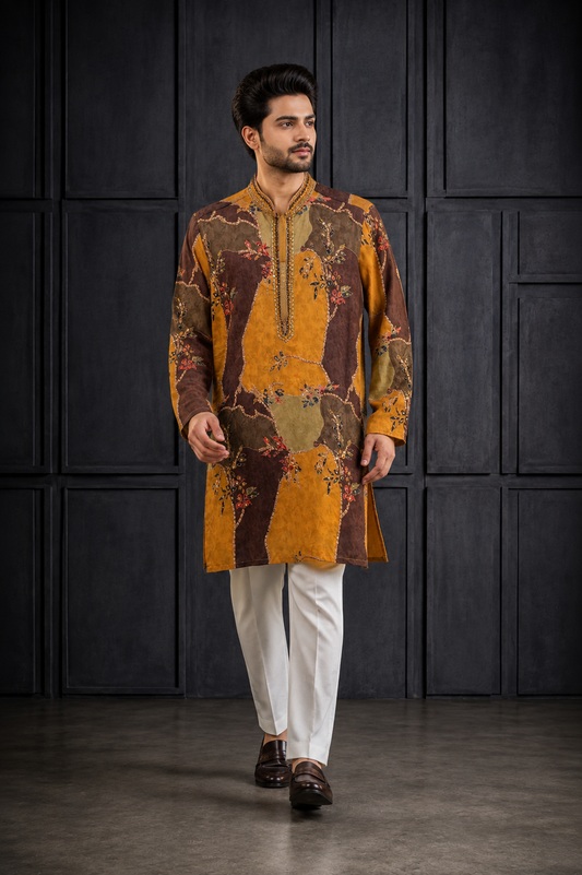 Mustard Ochre & Brown Patchwork Printed Silk Kurta Set for Men