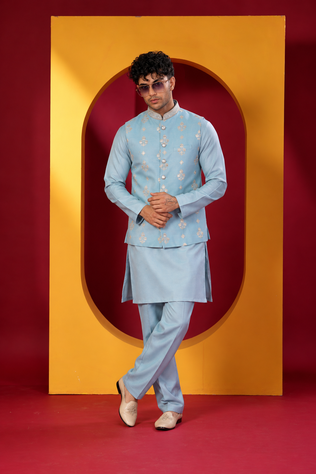 Pastel Blue Embroidered Indo-Western Kurta Set