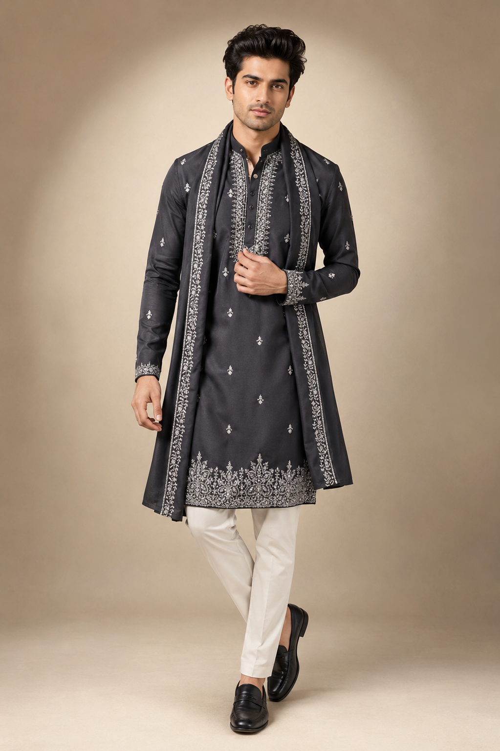 Midnight Black Embroidered Kurta Dupatta Set