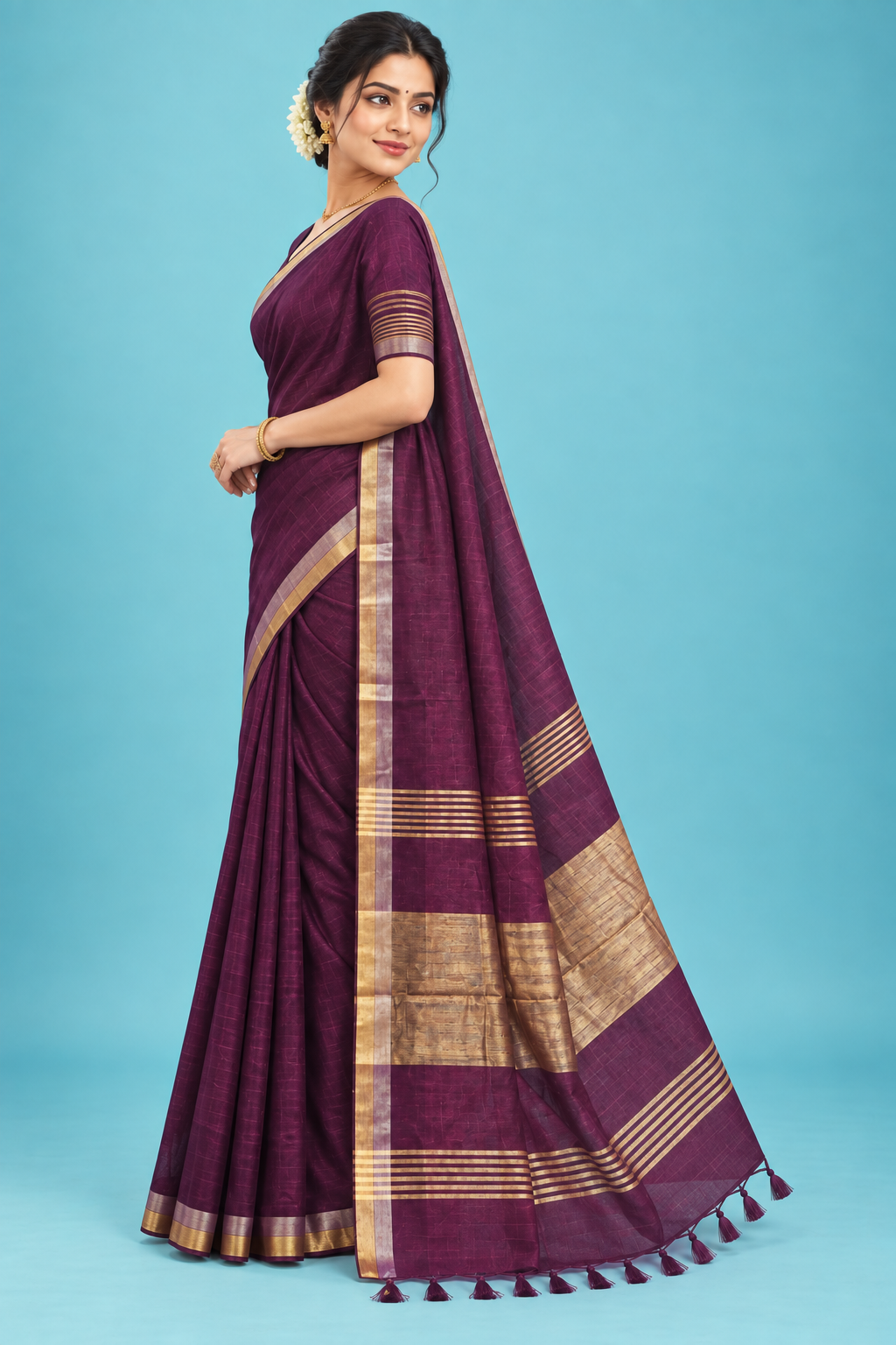 Elegant Wine Purple Handloom Saree with Golden Border