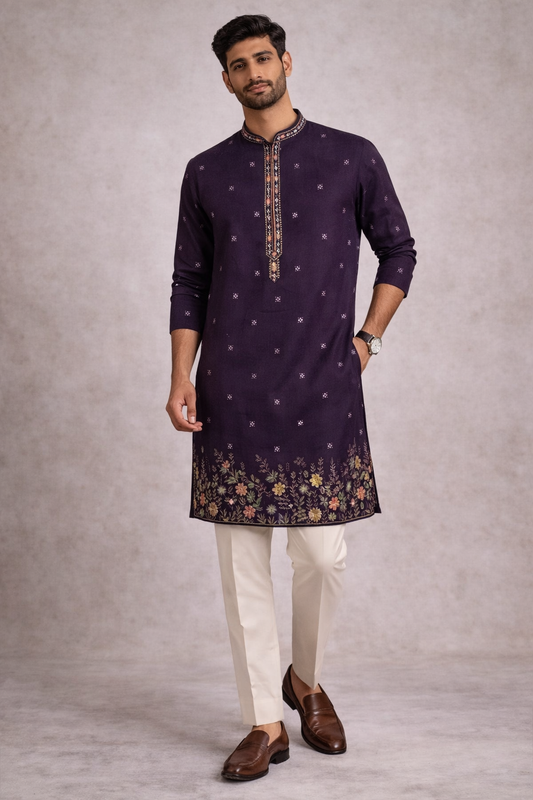 Royal Wine Floral Embroidered Straight Kurta