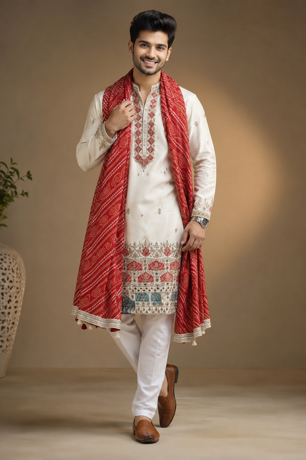 Ivory Embroidered Kurta Set with Red Bandhani Dupatta