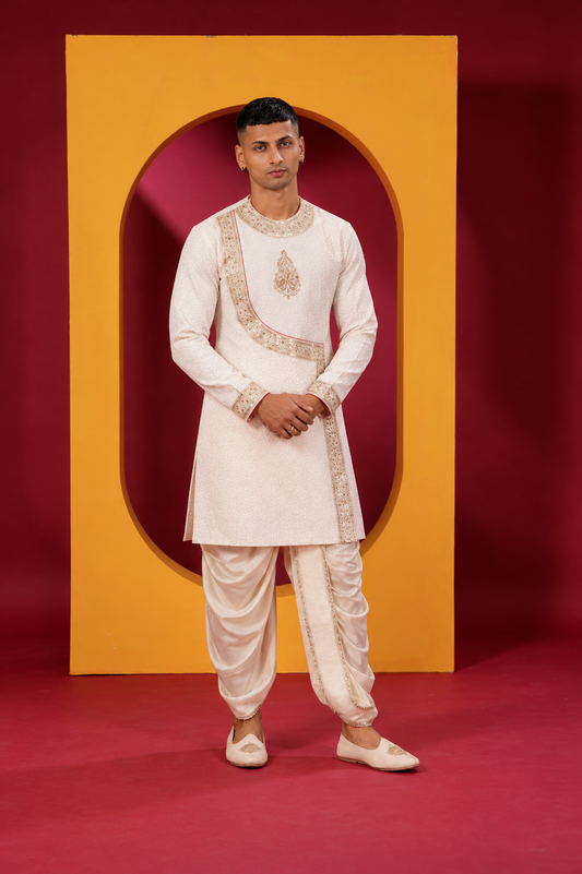 Elegant Ivory Embroidered Indo-Western Kurta Set for Men