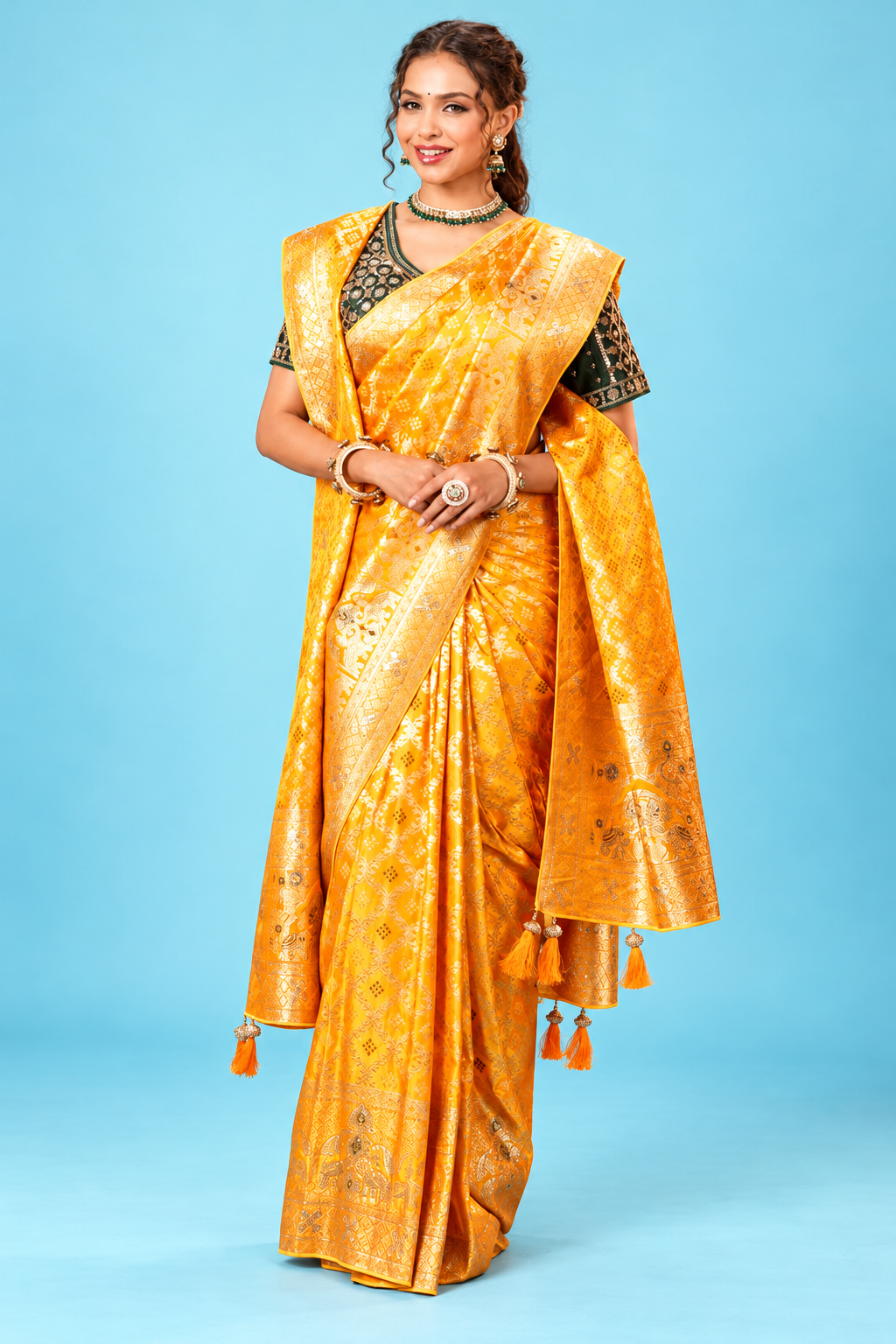 Royal Golden Yellow Designer Saree with Intricate Zari Woven Motifs & Rich Traditional Pallu