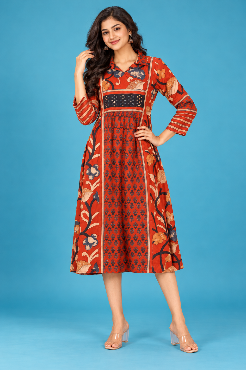 Rust Red Floral Printed Midi Dress – Elegant Casual Wear