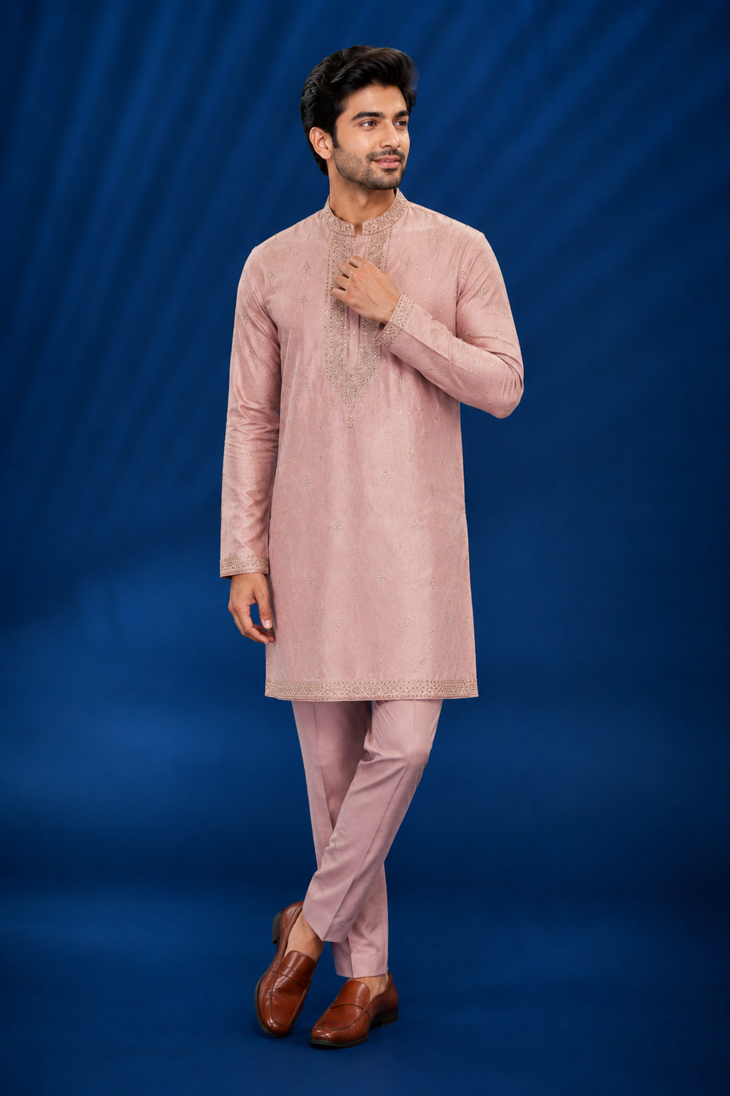 Dusty Pink Embroidered  Kurta for Men