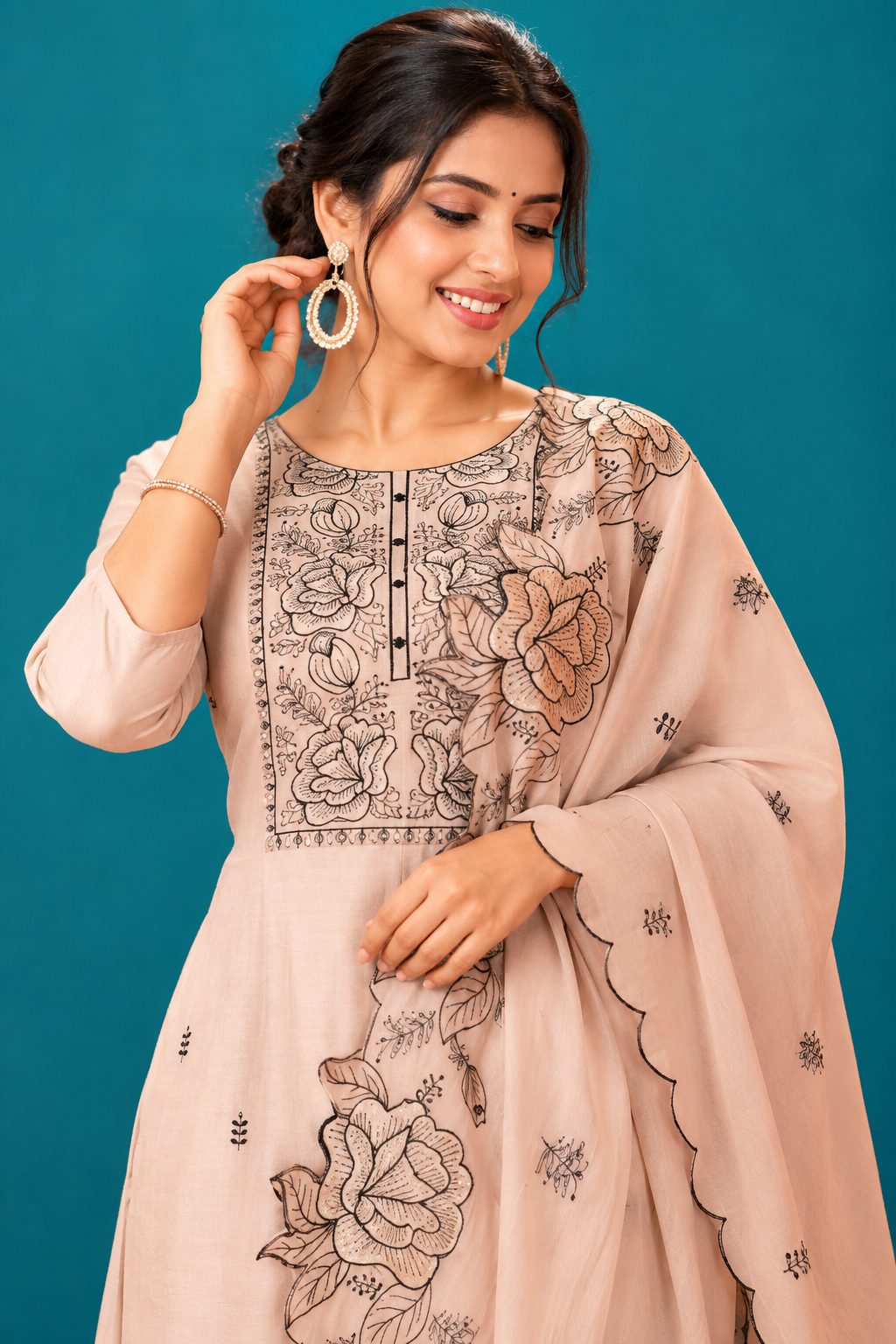 Elegant Blush Floral Embroidered Dupatta Set