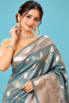 Elegant Dusty Teal Blue Designer Saree with Silver Zari Woven Motifs & Rich Traditional Pallu