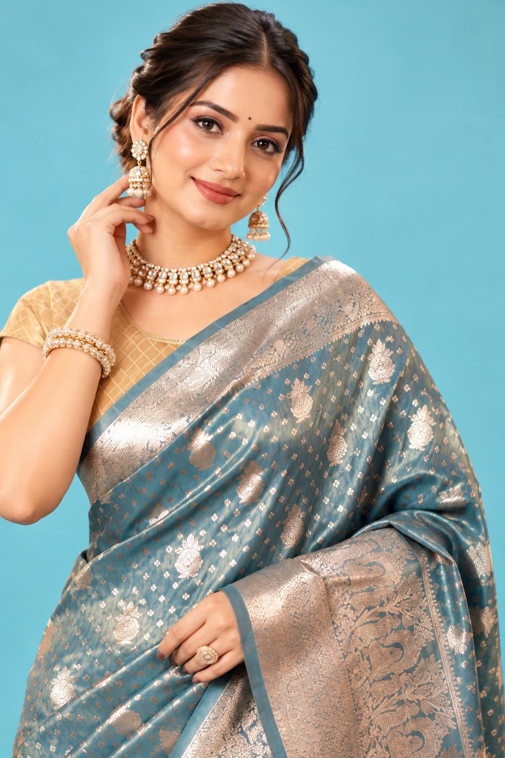 Elegant Dusty Teal Blue Designer Saree with Silver Zari Woven Motifs & Rich Traditional Pallu