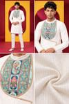Premium Ivory White Multicolor Embroidered Indo-Western Kurta Set for Men
