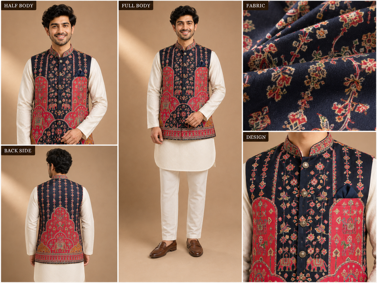 Men’s Navy & Red Ethnic Printed Nehru Jacket
