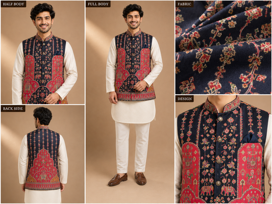 Men’s Navy & Red Ethnic Printed Nehru Jacket